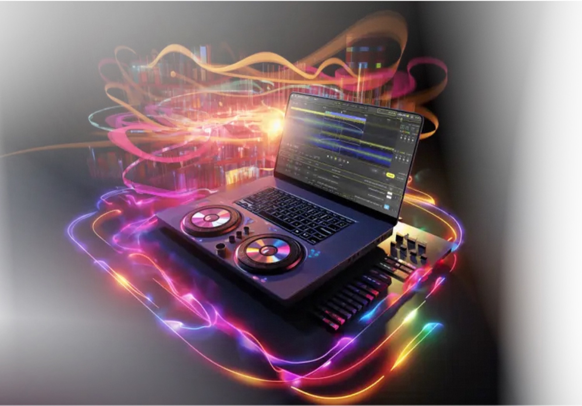 Laptop mit der DJ.Studio Timeline und leuchtenden Audiowellen